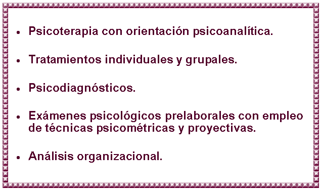 Cuadro de texto: Psicoterapia con orientacin psicoanaltica.Tratamientos individuales y grupales.Psicodiagnsticos.Exmenes psicolgicos prelaborales con empleo de tcnicas psicomtricas y proyectivas.Anlisis organizacional.